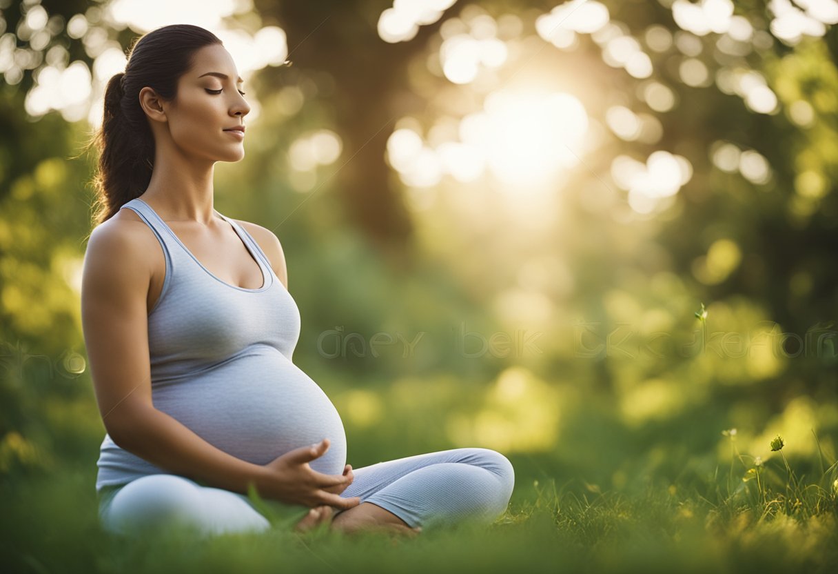 Mujer embarazada meditando en un jardín